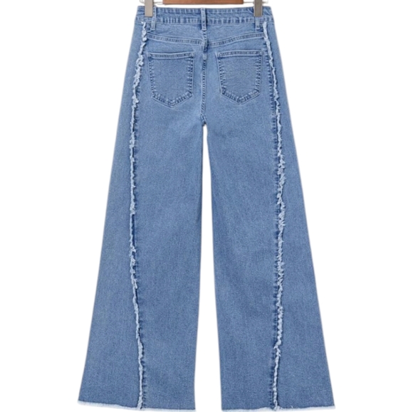 DISTRESSED MID WASH RAW HEM FLARE WIDE LEG JEANS  BOUTIQUE ITEM NEW  SIZE 16 - Picture 5 of 16